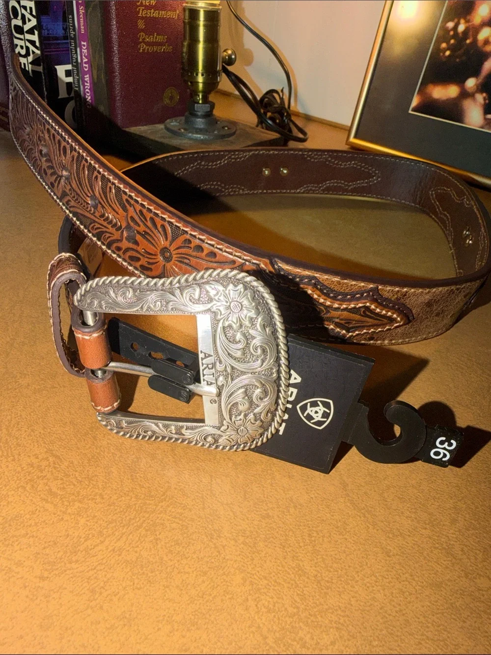 Ariat Brown Tooled Leather Belt with Engraved Silver Buckle